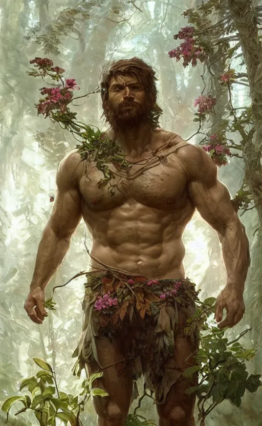 Image similar to god of the forest, 3 0 years old, rugged, male, gorgeous, detailed face, amazing, thighs!!!!!!, flowers, muscular, intricate, highly detailed, digital painting, artstation, concept art, sharp focus, illustration, art by greg rutkowski and alphonse mucha