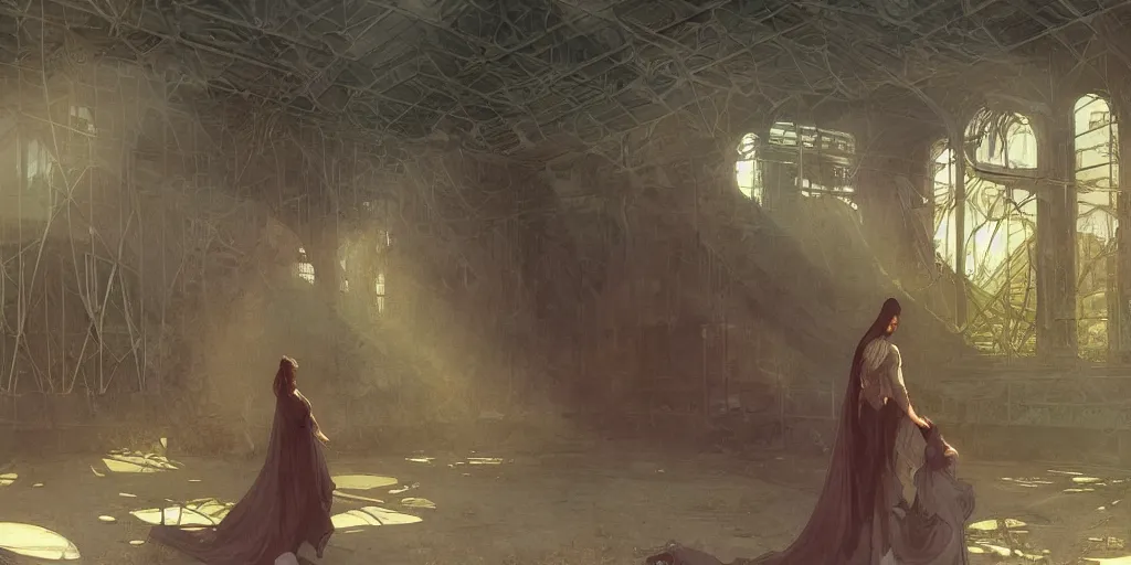 Prompt: “two figures enter abandoned derelict stadium, volumetric rays, wide angle, cinematic lighting, intricate, elegant, highly detailed, digital painting, artstation, sharp focus, illustration, art by artgerm and greg rutkowski and alphonse mucha and Wayne Barlowe and william-adolphe bouguereau ”