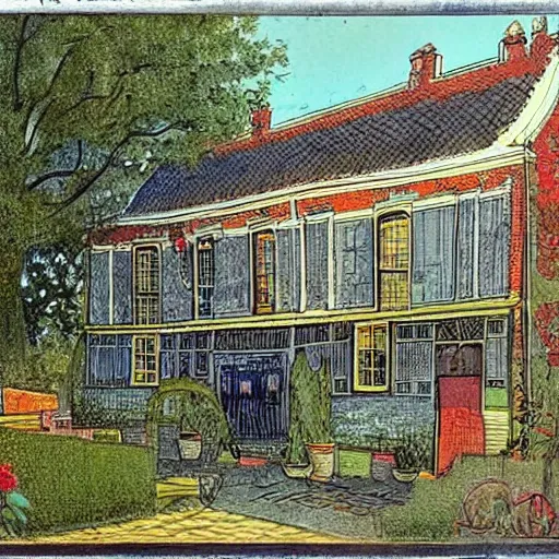 Prompt: old dutch house, lush garden next to highway, drawing by moebius