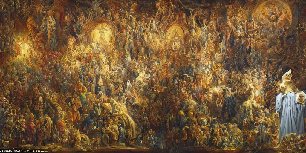 Image similar to the cat god reborn under the holy light high up in a Gaudí style church surrounded by his subjects and armies, in style of Jean-Honore Fragonard, surrealist