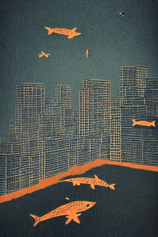 Image similar to city overgrown with nature, lone man+school of fish flying in the sky, Mads Berg, Karolis Strautniekas, film noir, stippled light, dramatic lighting,editorial illustration, detailed,fine texture, matte print, art deco, brutalism, dark blue + dark orange, red, black, ((habitat 67 background))