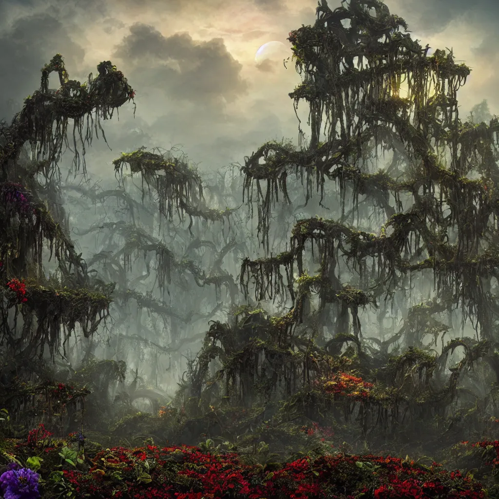 Image similar to An incredibly beautiful but ominous matte painting depicting a profusion of evil carnivorous vines and colorful flowers and lush exotic trees and bloated toadstools, with horrifying huge burning eyes and jagged bloody teeth, overgrowing a desolate ruins submerged in fog beneath the setting sun, nvidia, vray, evening, epic scale, octanerender