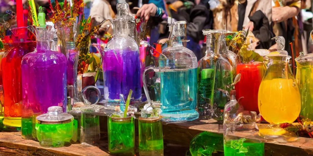 Prompt: colorful potions at the harvest festival, hyper realistic, 8 k, insane details,