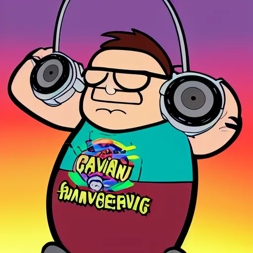 Image similar to svg sticker of a Family-Guy Peter-Griffin at a rave, spinning records, giant headphones rocking out, wearing headphones, huge speakers, dancing, rave, DJ, spinning records, digital art, amazing composition, rule-of-thirds, award-winning, trending on artstation, featured on deviantart