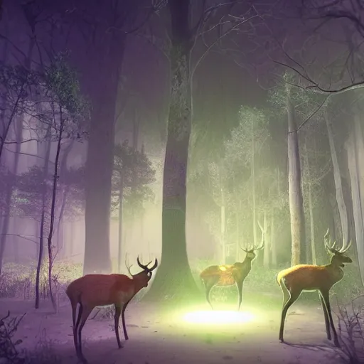 Image similar to deer in an ethereal forest made from glowing circuits and electronics, highly detailed concept art, 3 d, volumetric lighting