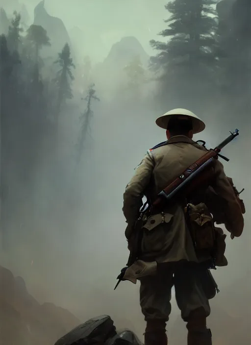 Image similar to A Scout watching the enemy with his gun, Battlefield 1, extremely detailed digital painting, in the style of Fenghua Zhong and Ruan Jia and jeremy lipking and Peter Mohrbacher, mystical colors, rim light, beautiful Lighting, 8k, stunning scene, raytracing, octane, trending on artstation