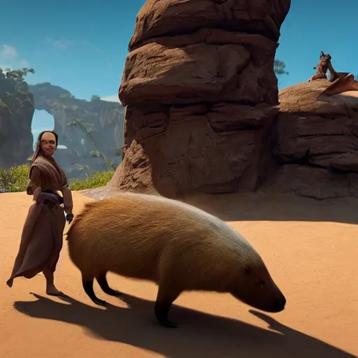 Image similar to female jedi riding a giant capybara into battle unreal 5, hyperrealistic, realistic, photorealistic, dynamic lighting