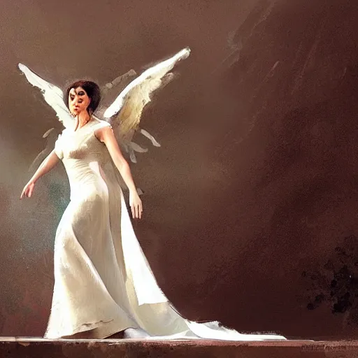 Image similar to Painting by Greg Rutkowski, an opera singer in a white dress with wings on stage