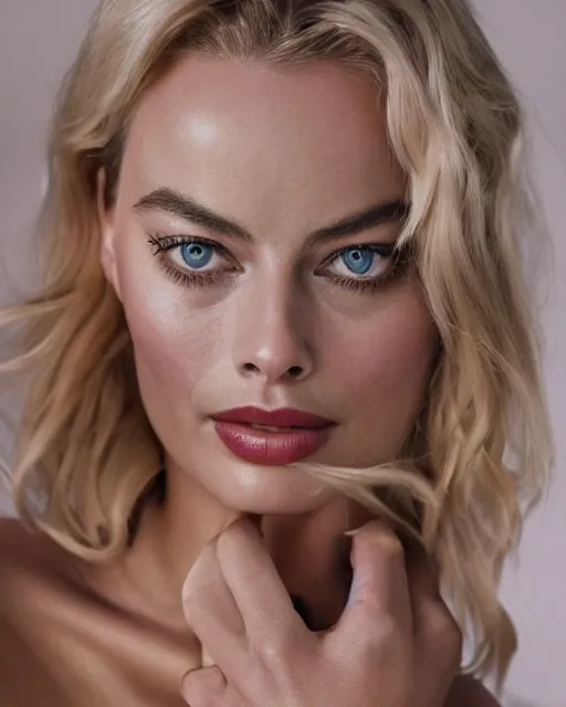 Prompt: margot robbie wearing a risque outfit made from splashes of maple sirup, female beauty, half body portrait, greg kutkowski, sharp details, soft lighting, subsurface scattering, pearls of sweat, glistening skin, warm lighting