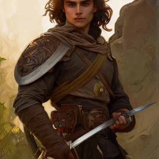 Image similar to portrait of a young rugged ranger holding his longsword up, hands, muscular, upper body, D&D, fantasy, intricate, elegant, highly detailed, digital painting, artstation, concept art, smooth, sharp focus, illustration, art by Artgerm and Greg Rutkowski and Alphonse Mucha