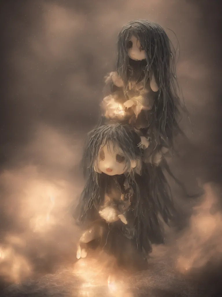Prompt: cute fumo plush of a cursed frail witch girl held tight in the arms of a ghost mother, hugging, melting volumetric smoke and fog, environment map pbr reflective stormy water, gothic maiden, bokeh, vignette, vray