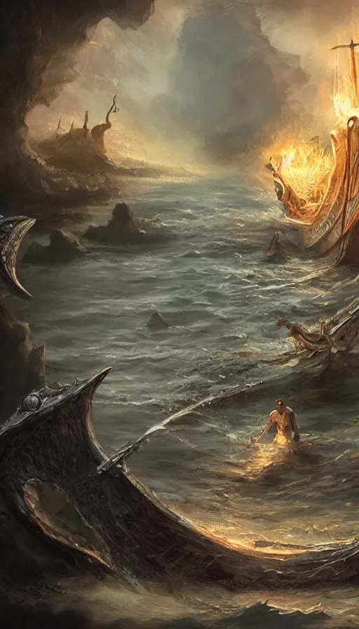 Image similar to man on boat crossing a body of water in hell with creatures in the water, sea of souls, by d & d concept artists