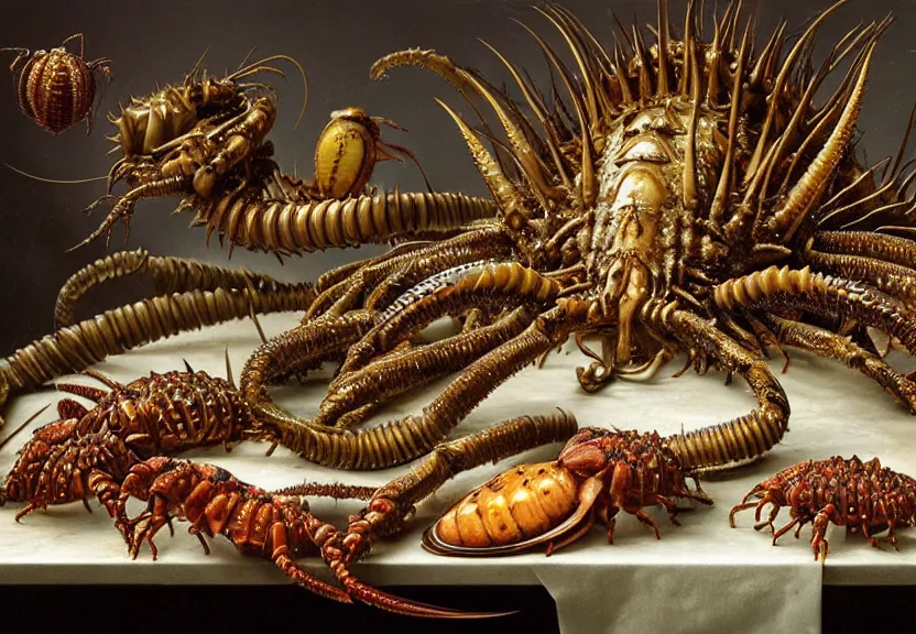 Prompt: an opulent banquet of food on a table covered with spiny hissing cockroaches and huge spiny hermit crabs and huge spiny earthworms. rainbow giger ’ s xenomorph. the thing. the blob. reclaimed lumber, detailed and intricate environment, hyperrealism, food photography, rembrandt