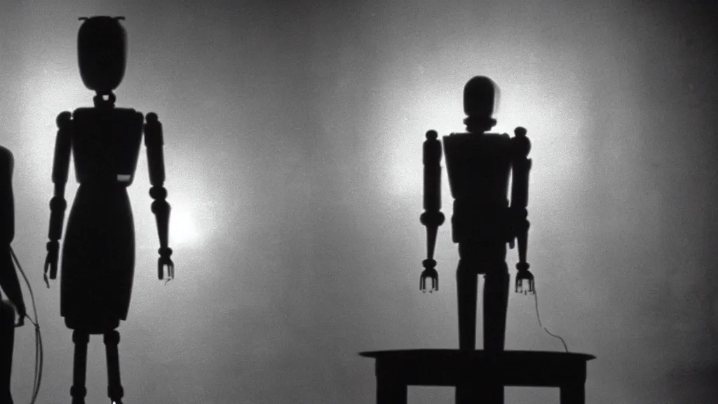 Image similar to movie scene of the girl and the robot, movie still, cinematic composition, cinematic light, by David Lynch