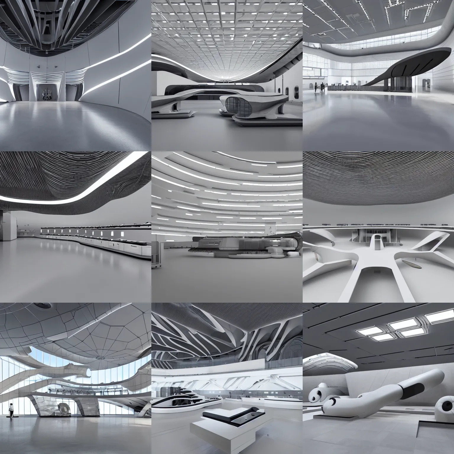 Prompt: a minimalist flagship store, dark grey walls, timber furniture and polished concrete floors, high tech industrial and maschinen krieger, mri machine millennium falcon space-station with massive pillars inspired by a Zaha Hadid, Dubai, London, Foster and Partners, Calatrava, generative design, grasshopper 3d