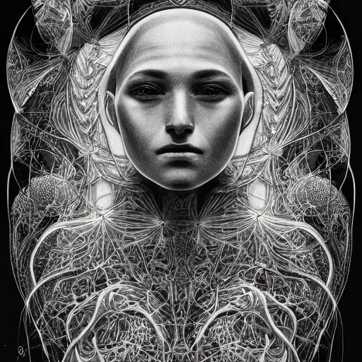 Image similar to hyper detailed bw linear pencil drawing, woman portrait, cyberpunk, organic symmetric shapes by ernst haeckel