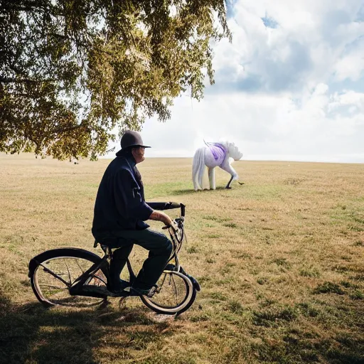 Image similar to An elderly man riding a unicorn, Canon EOS R3, f/1.4, ISO 200, 1/160s, 8K, RAW, unedited, symmetrical balance, in-frame