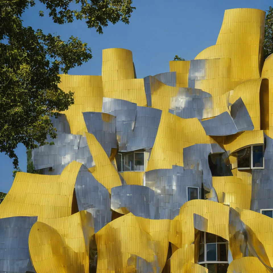 Image similar to a small house, designed by Frank Gehry. Big Tiles. Film grain, cinematic, yellow hue