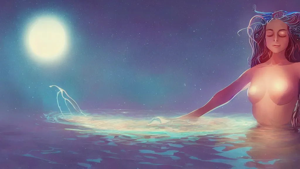 Image similar to one beautiful whimsical goddess standing in a lake basking in the moonlight, underneath a multi-colored binary blackhole with an accretion disc, glowing trails following her arms, by Lois van Baarle, by Greg Rutkowski, by artgerm, by beeple, by studio ghibli, cinematic angle, volumetric lighting, 4k resolution, octane render, trending on artstation, masterpiece