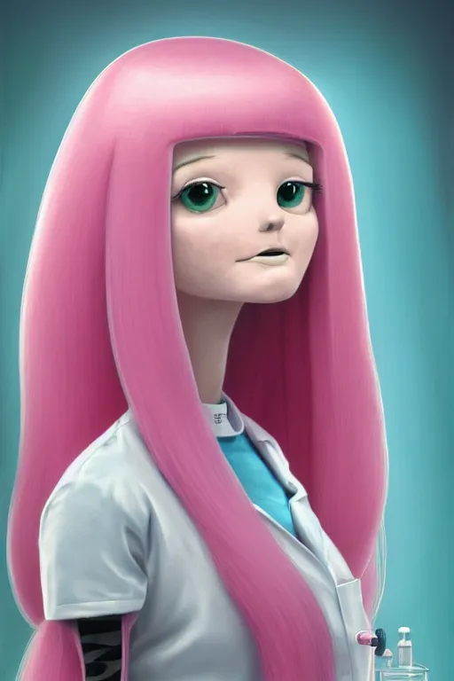 Image similar to highly detailed, industrial photography, profile view of adult princess bubblegum from adventure time, working in her science lab, wearing lab coat, long bubblegum hair, long straight bangs, confident, beautiful, attractive, illustration concept art by nicoletta ceccoli, mark ryden, lostfish, detailed and intricate environment, 8 k resolution, hyperrealistic, octane render