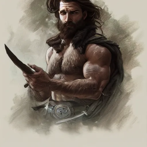 Prompt: portrait of a rugged ranger, 2 5 years old, muscular, upper body, face, hairy torso, d & d, fantasy, intricate, elegant, highly detailed, digital painting, artstation, concept art, smooth, sharp focus, illustration, art by artgerm and greg rutkowski and alphonse mucha