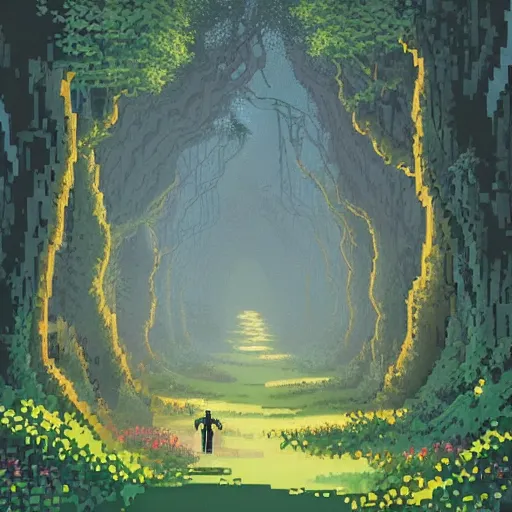 Prompt: A beautiful #pixelart pixel art illustration of a single dusty path winding through a forest groot village by Eyvind Earle and Ivan Shishkin and Marc Simonetti and Amanda Clark and Zhicao Cai, at night, nature, shadows, haunting, DeviantArt, #pixelart:3, blur, dof, human, hair, man, woman, people, person, figure, face, jpeg artifacts, flesh, realism, photorealism, photograph, dust, scratches, text, watermark:-1