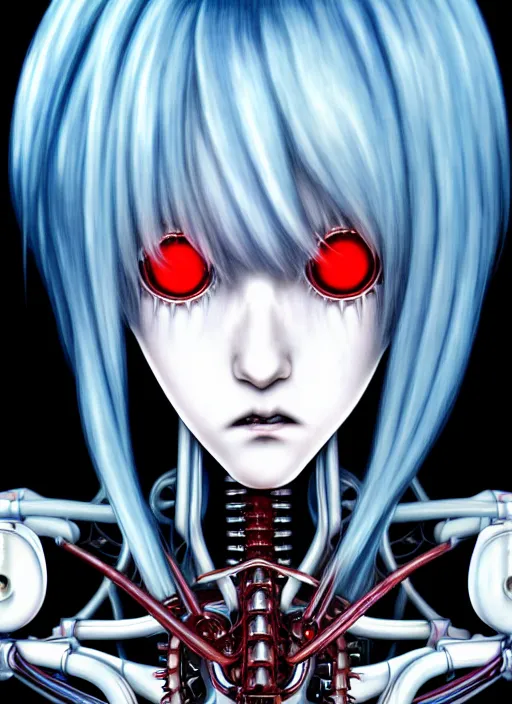 Image similar to Rei Ayanami by Yoshitaka Amano, by HR Giger, biomechanical, profile portrait, 4k, wide ayes, hyper detailed, hyperrealism, anime, a Blood Moon rising on a Broken World 4k very detailed deviantart artstation