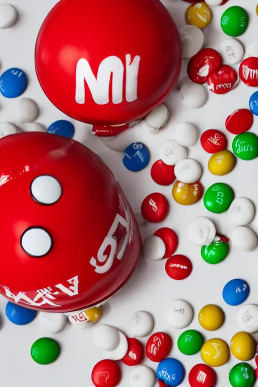 Image similar to a single red m & m candy with white arms and legs, a red sphere wearing a white baseball cap, eminem as a m & m candy standing on a floor covered with m & m candies, m & m candy dispenser, m & m plush!!!, unreal engine, studio lighting, unreal engine, volumetric lighting, artstation, professional food photography