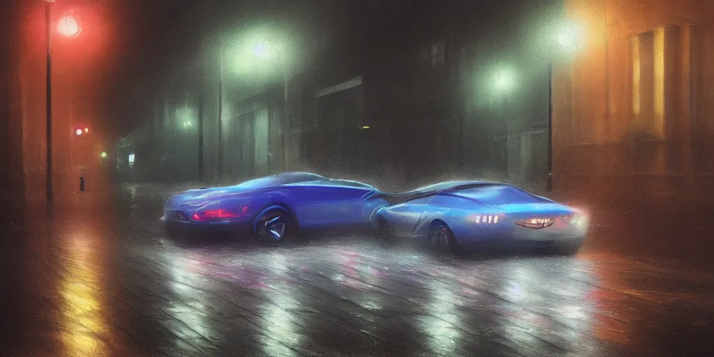 Image similar to full view of a sport car, on wet street at night, painted in dark color holographic pearlescent, almost ghosty-like, elegant, digital painting, concept art, smooth, sharp focus, art style from Wang Ke and Greg Rutkowski and Bruce Kaiser and Scott Robertson and Dmitry Mazurkevich and Doruk Erdem and Jon Sibal, small style cue from Mad Max