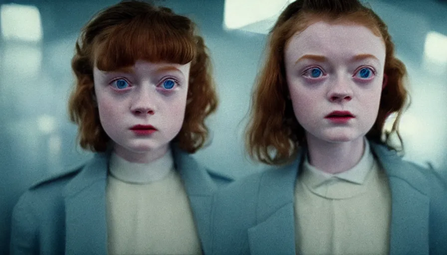 Prompt: sadie sink with trimmed hair in oversized man's coat : a still from a scifi soviet cyberpunk film from 1 9 8 0 s. by steven spielberg, robert zemeckis, francis ford coppola, james cameron. 6 5 mm low grain film stock. sharp focus, realistic facial expression, perfect anatomy, global illumination, radiant light, detailed and intricate environment, trending on artstation