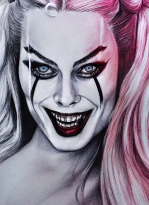 Prompt: a pencil drawing of margot robbie as harley quinn, hyper realistic, highly detailed