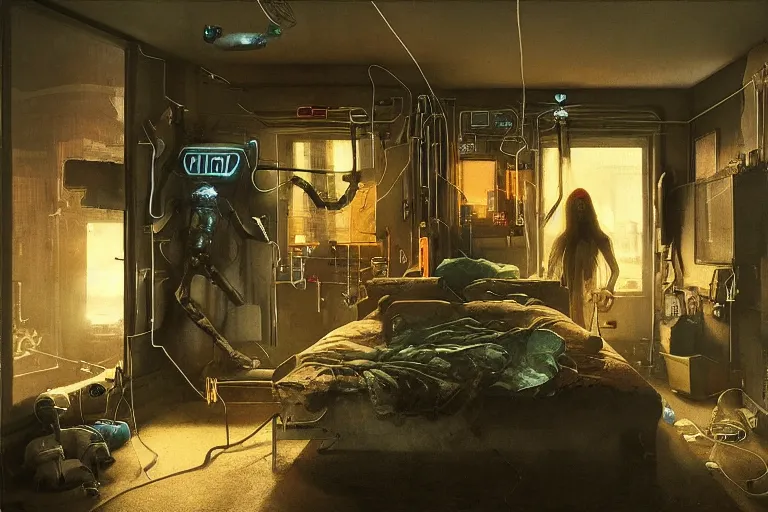 Prompt: IKEA catalogue photo, cyberpunk teenager bedroom, screens, TVs, monitors, robots, by Beksiński