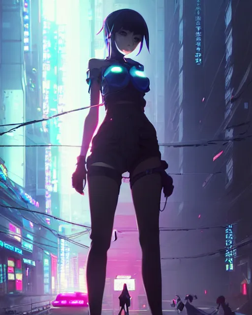 Image similar to Beautiful full body portrait of beautiful cyberpunk anime woman by Greg Rutkowski and Krenz Cushart and Pan_Ren_Wei and Hongkun_st and Bo Chen and Enze Fu and WLOP and Alex Chow, Madhouse Inc., anime style, crepuscular rays, set in rainy futuristic cyberpunk Tokyo street, dapped light, dark fantasy, feminine figure, smooth skin, gorgeous, pretty face, beautiful fashion model body, high detail, hyper realistic, cgsociety, trending on artstation