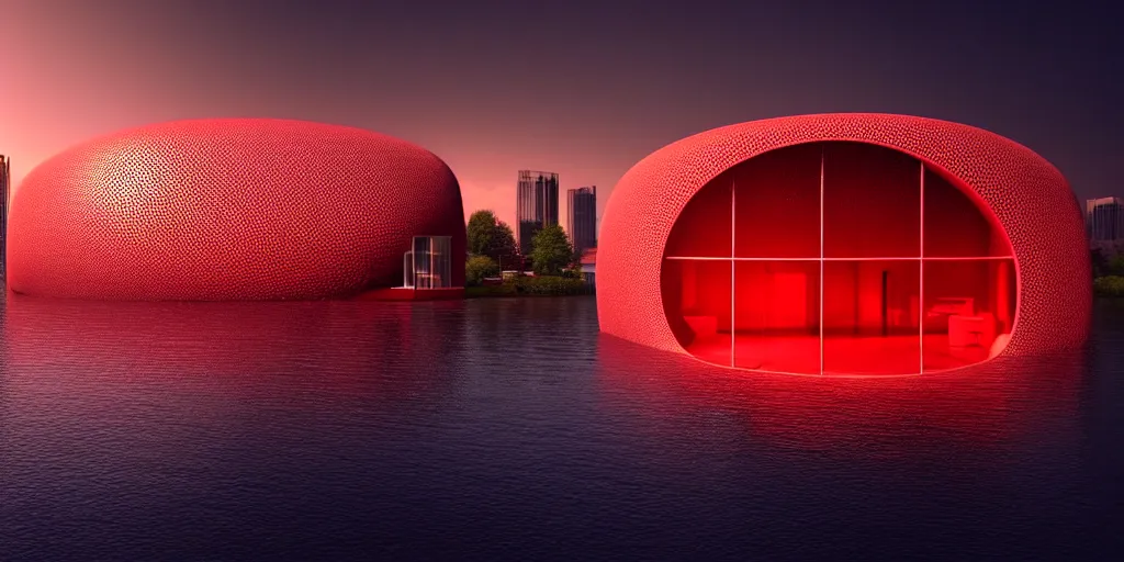 Image similar to A beautiful architectural rendering of a blob shaped trypophobia house with a mysterious red glow emitting from inside in a modern cityscape by a river, stunning, gorgeous, golden ratio, photorealistic, featured on artstation, 4k resolution