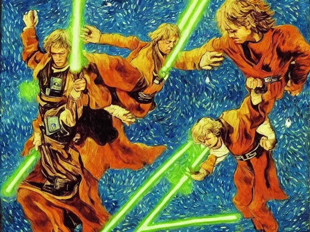 Image similar to bright beautiful oil painting of luke skywalker uses the force to lift yoda into the air, light scatter, van gogh