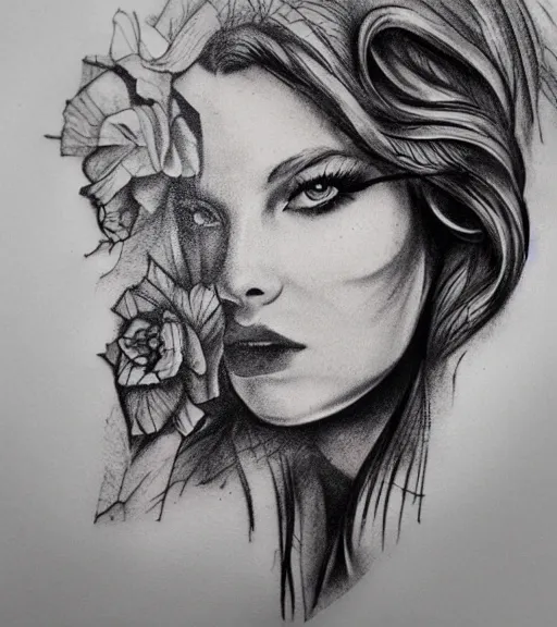 Prompt: tattoo design sketch of a beautiful woman face with a realistic mountain scenery on her side, hyper - realistic, double exposure effect, in the style of matteo pasqualin, amazing detail, black and white, faded