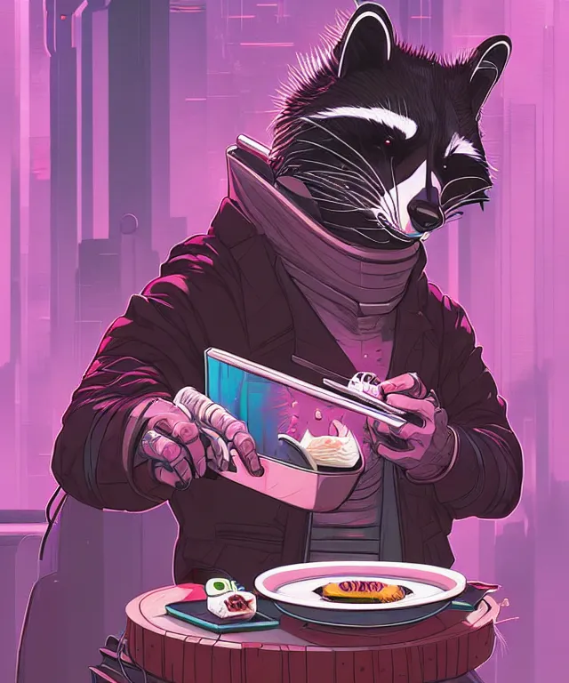 Image similar to a portrait of an anthropomorphic cyberpunk raccoon eating sushi, cyberpunk!, fantasy, elegant, digital painting, artstation, concept art, matte, sharp focus, illustration, art by josan gonzalez