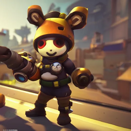 Image similar to teemo is the newest overwatch character, kings row in the background, octane render, blender render, unreal engine, standing pose, cinematic lighting, symmetrical, never underestimate the power of the scouts code