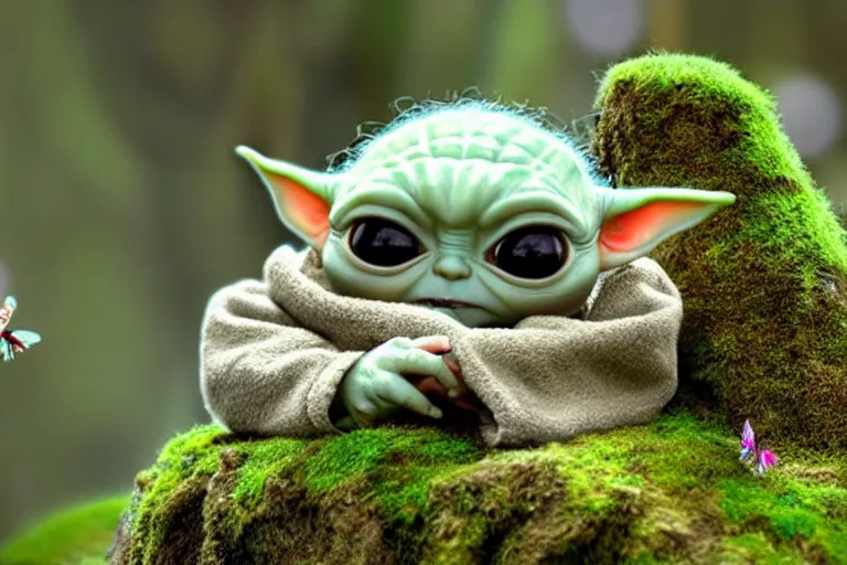 Prompt: an extremely cute 'Baby Yoda' sits on a moss and lichen covered ancient bolder and surprisingly burps up very tiny colorful butterflies out of his mouth, tiny color butterflies pop like soap bubbles, surprising, funny, self deprecating, movie still frame, promotional image, imax 70 mm footage