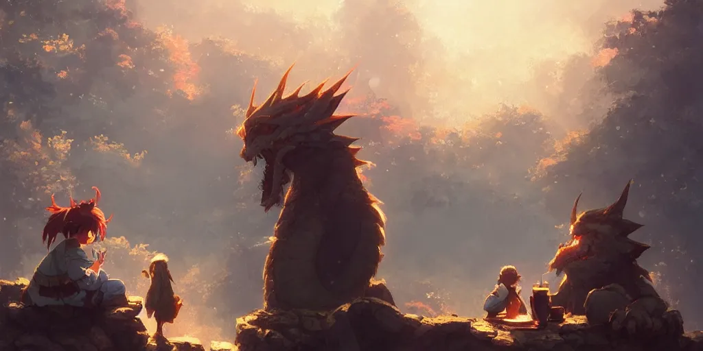 Image similar to a dwarf and a dragon drinking a beer together | gapmoe kuudere moody lighting stunning bokeh highlights sharp contrast | trending pixiv fanbox | by greg rutkowski makoto shinkai takashi takeuchi studio ghibli