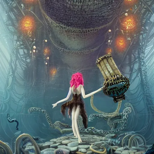 Prompt: dystopian fantasy undersea rock concert. On stage, the drummer is squid woman with tentacles playing a big rock&roll drum kit, by Philipp A. Urlich and Pengzhen Zhang an Andreas Rocha, fantasy, intricate, elegant, highly detailed, digital painting, artstation, blender, unreal engine 5, octane render, smooth, sharp focus, illustration