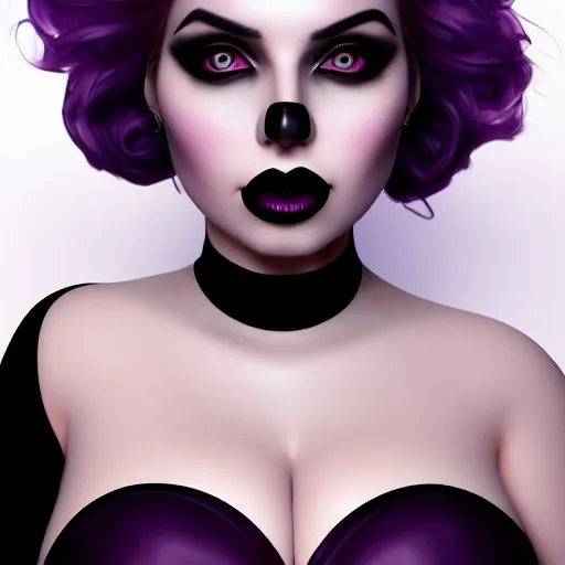 Prompt: full-body portrait of a curvy feminine hot goth woman, fully clothed, classy, elaborate, elegant, sophisticated, shiny black lipstick, purple makeup, realistic beautiful big eyes, dark eyeshadow, cgsociety, realistic, highly detailed, sublime, 16k, smooth, sharp focus, trending on ArtStation, hyperdetailed, volumetric lighting