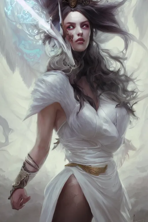 Image similar to beautiful girl warrior in white dress, casting magic spell, angel, magic storm and thunder clouds, fantasy, magic the gathering, hyper detailed, 3 d render, hyper realistic detailed portrait, peter mohrbacher, wlop, ruan jia