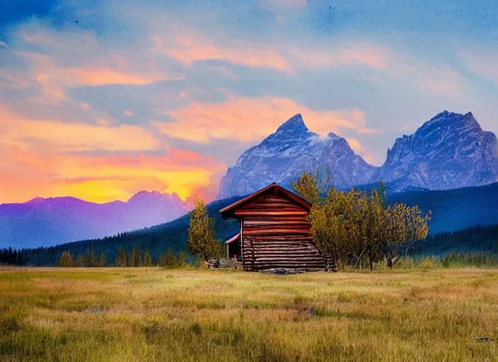 Prompt: watercolor cabin in a field with rocky mountains as a backdrop, sun setting