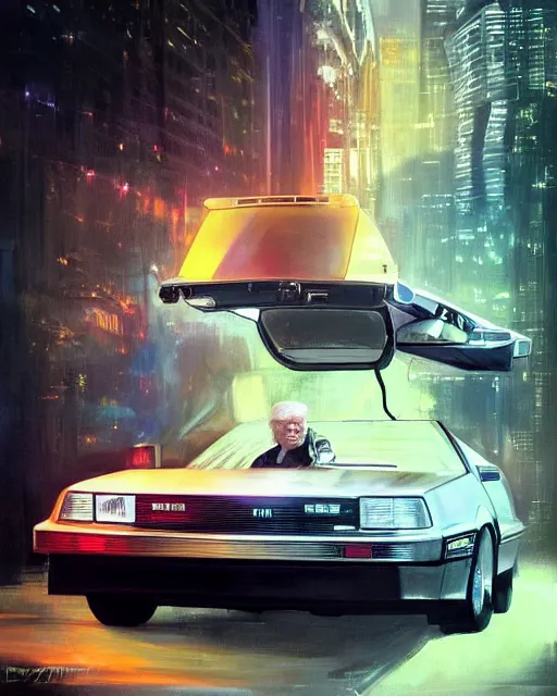 Image similar to donald trump in a flying delorean with doc emmet brown posing for the camera, neon lights, portrait, illustration, rim light, top light, perfectly shaded, spring time, slight overcast lighting, soft painting, art by krenz cushart and wenjun lin