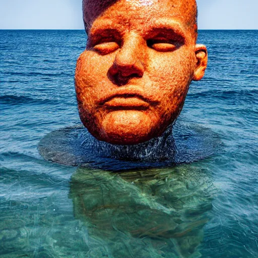 Prompt: a giant human head sculpture in the sea made out of juicy hamburgers, long shot, hyper detailed, hyper realistic, ray tracing, 8 k resolution, sharp focus, realistic water, award winning