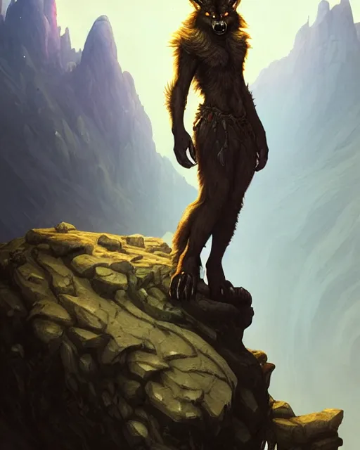 Image similar to werewolf standing on a cliff, backlight, rim lighting, deep focus, d & d, fantasy, intricate, elegant, highly detailed, digital painting, artstation, concept art, matte, sharp focus, illustration, hearthstone, art by artgerm and greg rutkowski and alphonse mucha