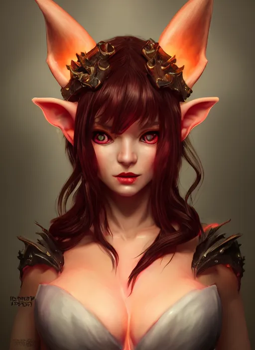 Image similar to imp demon goddess, cute elf ears, strapless dress, character portrait in the style of thomas river and artgerm, cinematic lighting, hyperdetailed, 8 k realistic, symmetrical, global illumination, radiant light,, frostbite 3 engine, cryengine, dof, trending on artstation, digital art, chanel