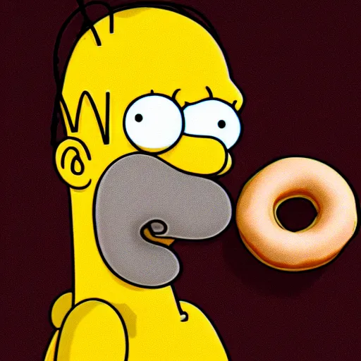 Image similar to photorealistic homer simpson eating a donut