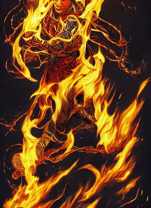 Image similar to A man with fire superpowers in the genshin impact, fantasy, intricate, ornate, Hyperdetailed